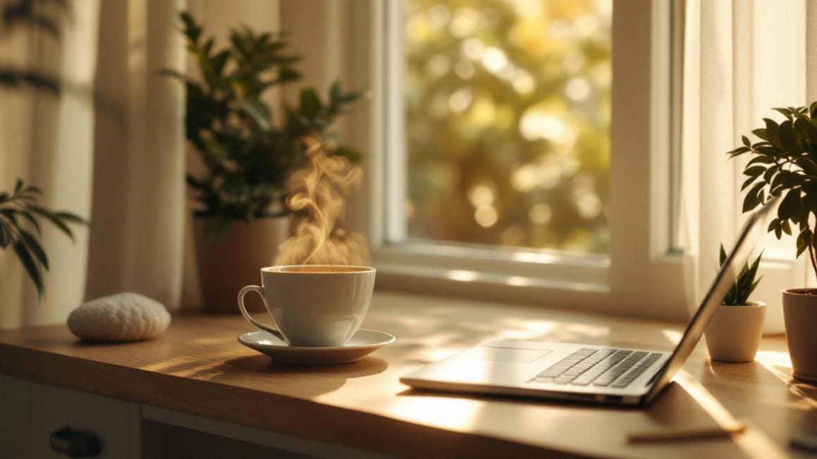 Calm home workspace with herbal tea and open window representing upper cervical chiropractic headache relief