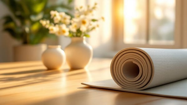 Prenatal chiropractic care support — a calming wellness space with soft natural light, a yoga mat, and a small bouquet of white flowers on a wooden surface