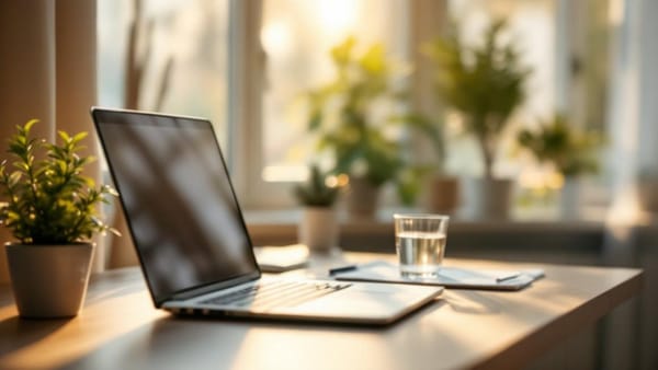Upper cervical spine health concept — clean ergonomic desk with warm window light in a calm home office setting